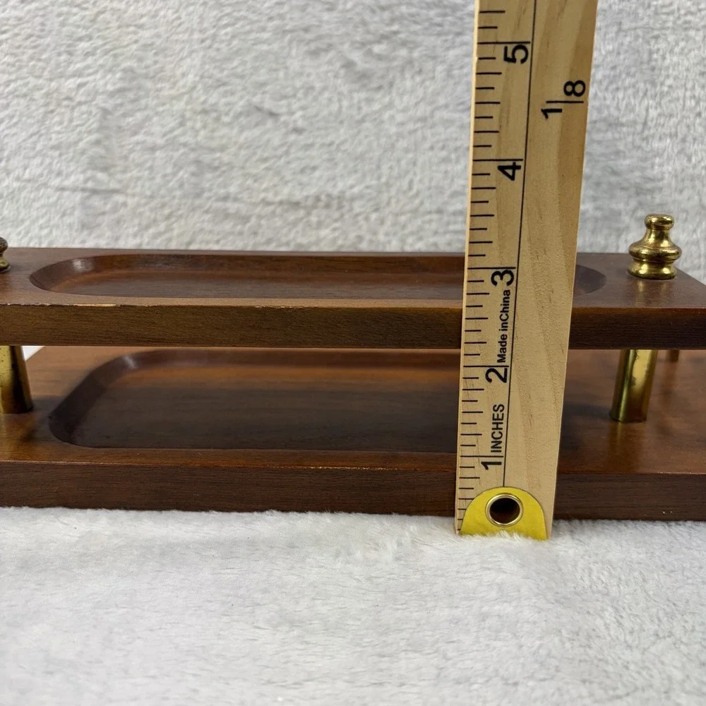 Vintage Two Tier Wood Dresser Valet Brass Legs Coin Tray Watch Holder Caddy